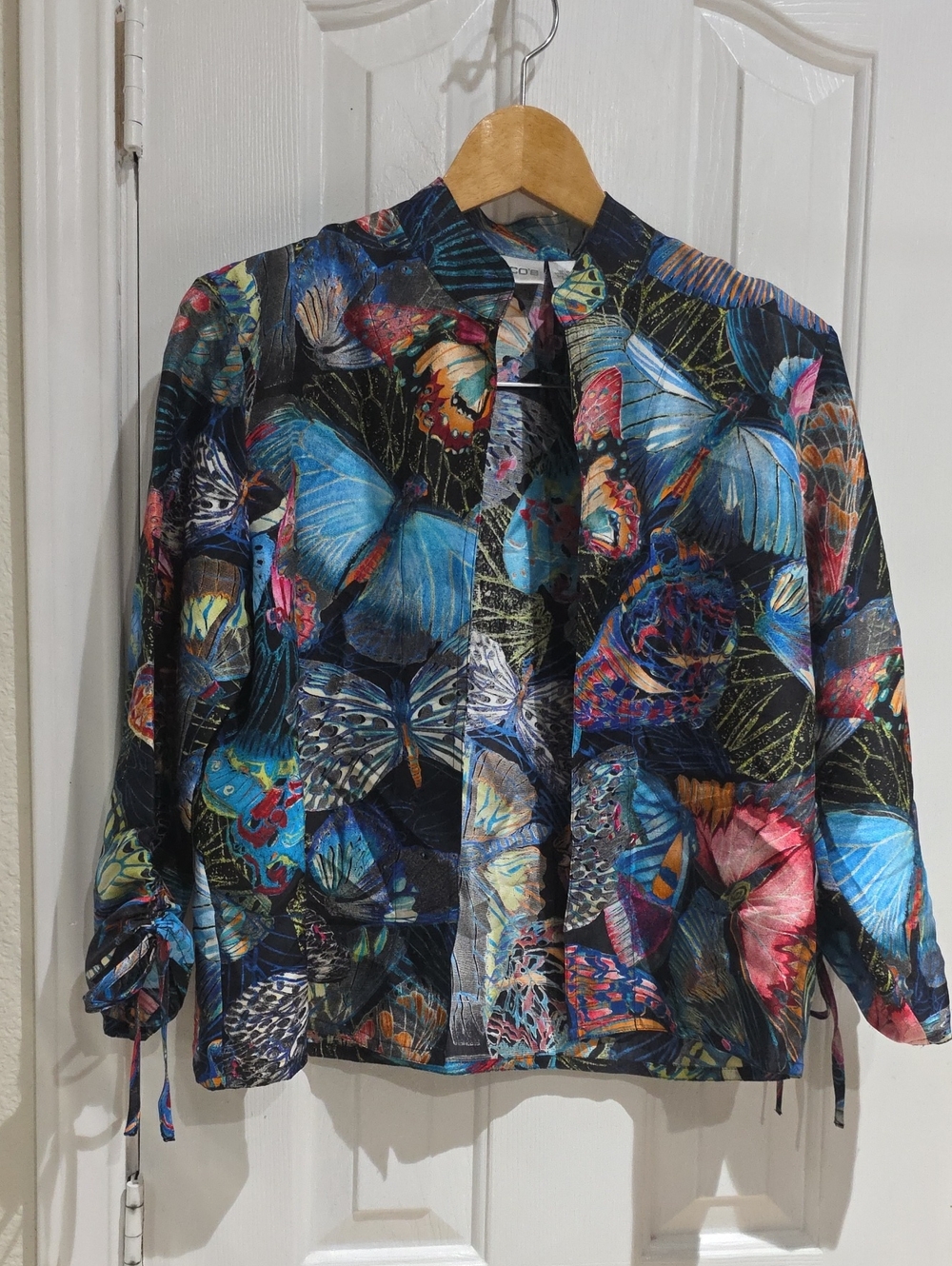 Chico's Women’s Butterfly-Print Open Front Jacket - Multicolor 100% Silk SZ 0